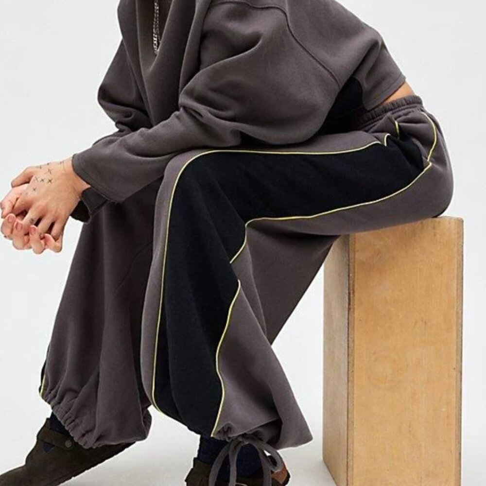 Urban Outfitters Charcoal Gray & Black Wide Leg Sweatpants with Yellow Piping
